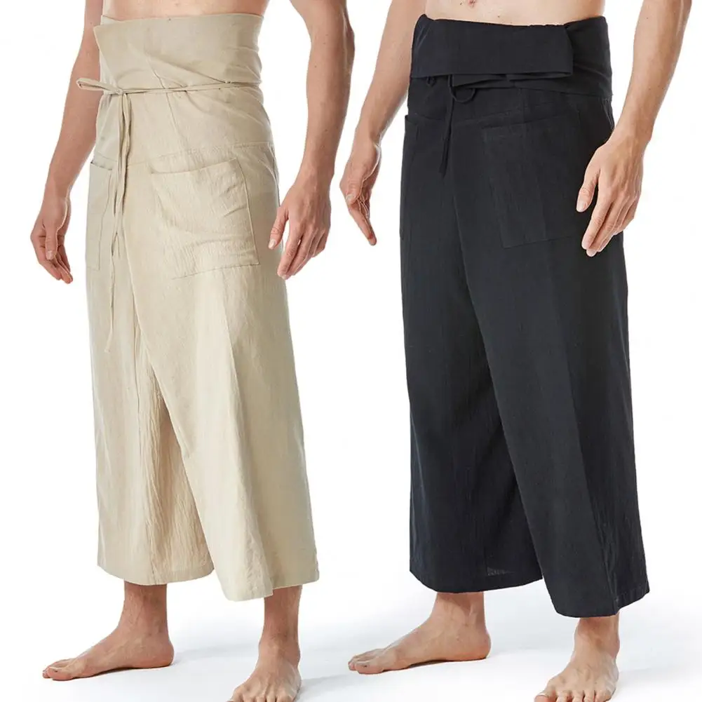 

Thai Fisherman Pants Summer Drawstring Wide Legs Harem Pants Pockets Menswear Flax Casual Loose Men Martial Arts Trousers