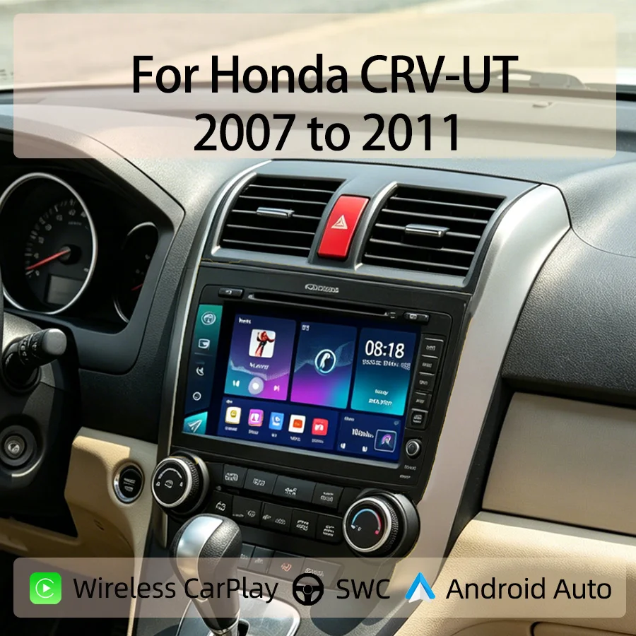 Фото 7-дюймовая автомобильная магнитола Android Type-C для Honda CRV-UT 2007-2011 с беспроводным CarPlay, Android Auto, GPS-навигацией, Bluetooth и управлением с руля №1