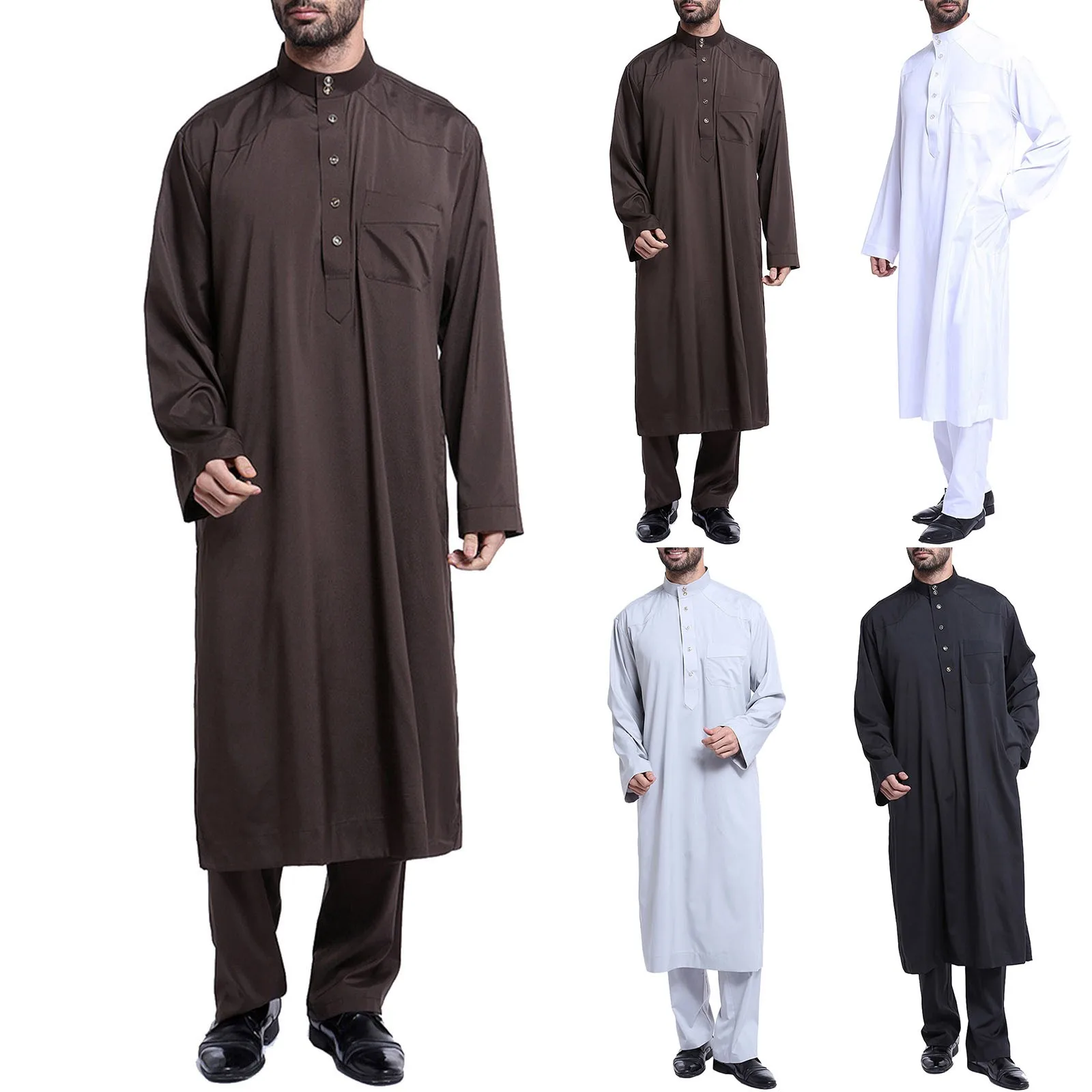 

Новинка 2023 винтажные мужские исламские арабские Jubba Thobe с длинным рукавом однотонные карманы халаты мужские Саудовская Аравия Abaya платье мусульманский кафтан мужской