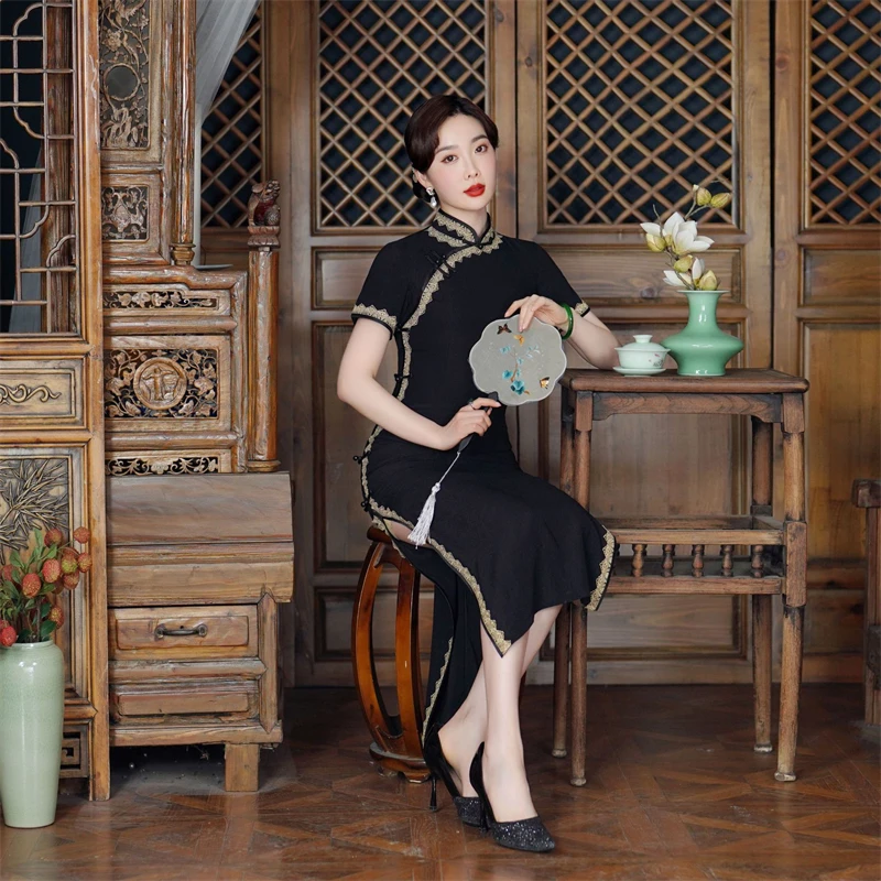 Китайский стиль пикантный Ципао с коротким рукавом традиционный Повседневный