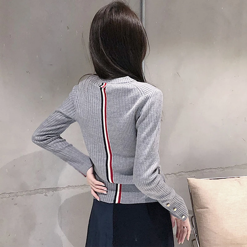 Autumn and winter new round neck pullover TB gray stitching wool knitted bottoming shirt women's inner thin sweater