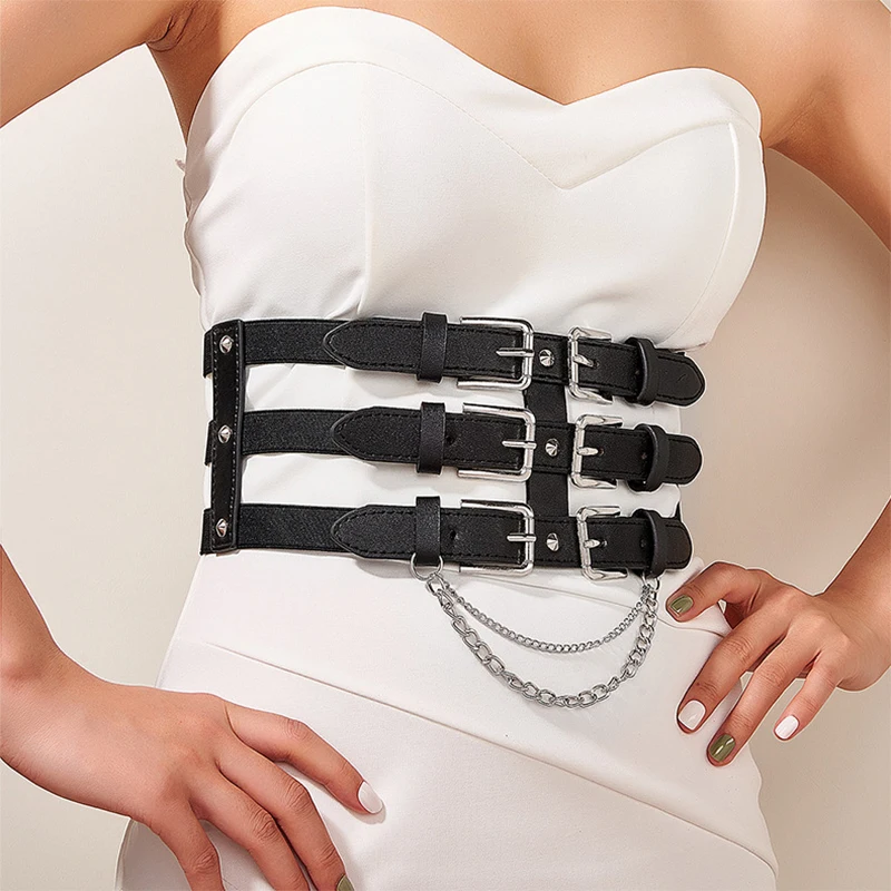 Vintage 3 Straps Waistband Women Fashion Faux Leather Slimming Belt Bustiers Waist Belt Self Tie Wrap Waist Chain Dress Corset