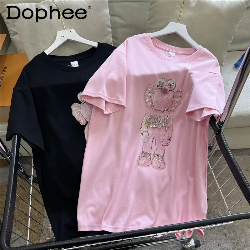 

2022 Spring Summer New Korean Heavy Diamond Cartoon Pure Cotton Pink T-shirt Women Loose Casual Short Sleeve Tshirt Top Female