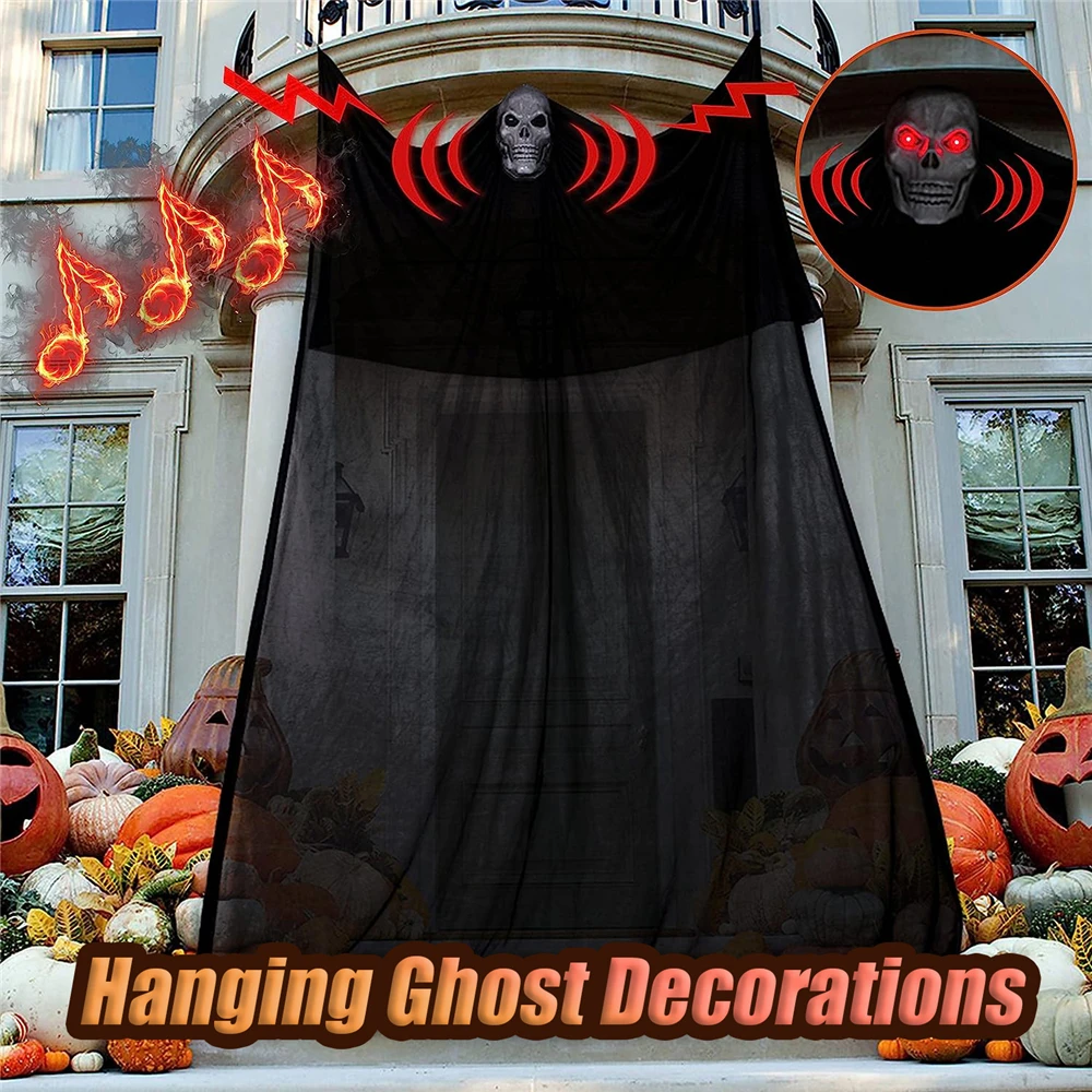 

Halloween Hanging Skull Ghost Haunted House Decoration With LED Sound Ghost Ornament Indoor Outdoor Bar Halloween Party Decor