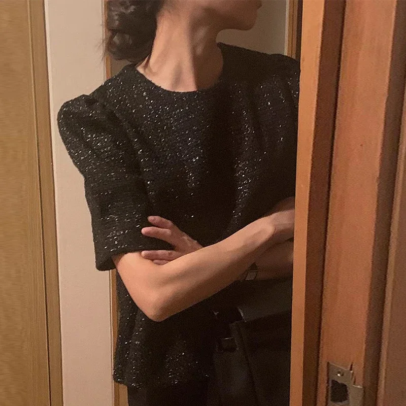 Женская блузка в стиле пэчворк с коротким рукавом и буффами