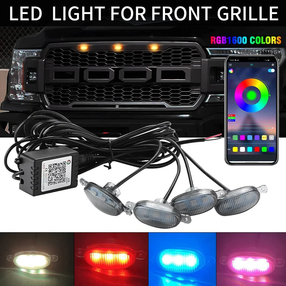 

4/8 In 1 LED Grille Lights APP Control DIY RGB Front Grille Atmosphere Decorative Lamp DRL Kit for Offroad Car Pickup Truck SUV