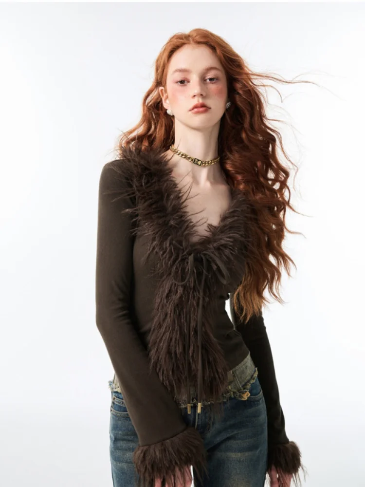 Элегантный винтажный Пушистый Плюшевый кардиган с V-образным вырезом на шнуровке