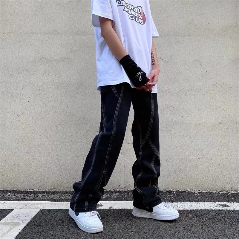 Black Baggy Jeans Men Fashion Retro Casual Wide Leg Jeans Mens Japanese Streetwear Loose Hip Hop Straight Denim Pants Men S-3XL