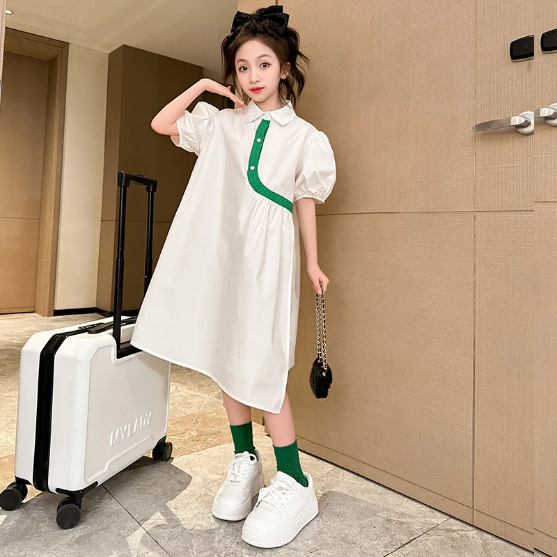 

Girls White dress Casual Simple Young Kids Shirts Princess Dresses Summer thin Cotton School Childrens clothing 8 10 12 13 years