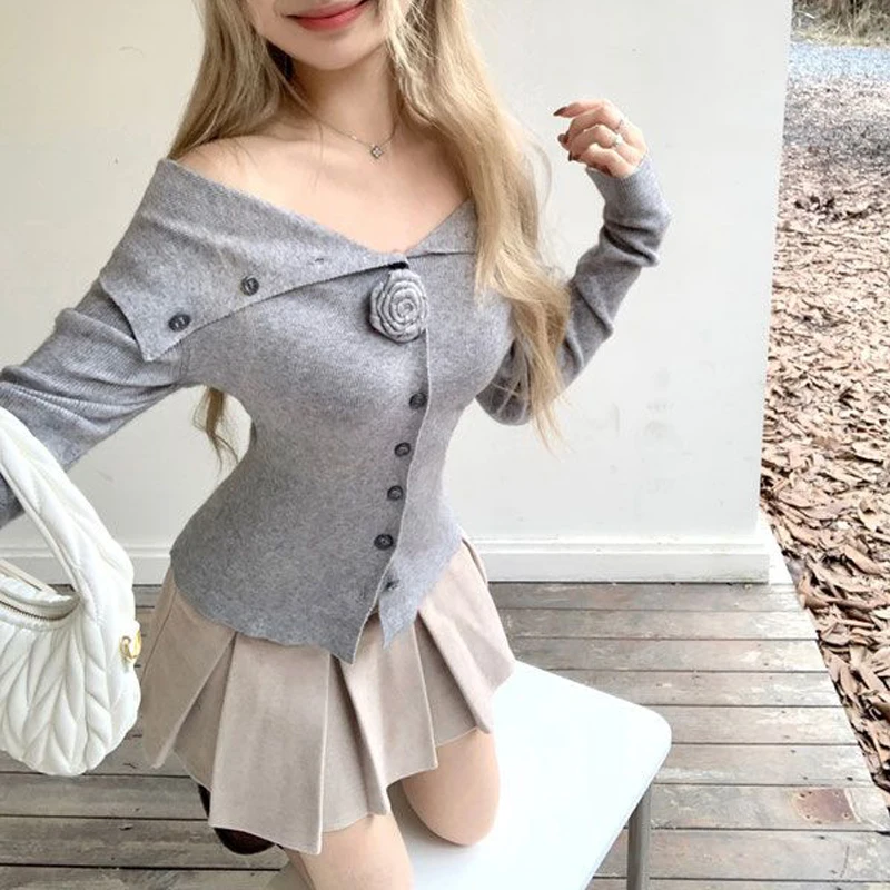 Женская одежда сексуальный вязаный кардиган с открытыми плечами и 3D цветком