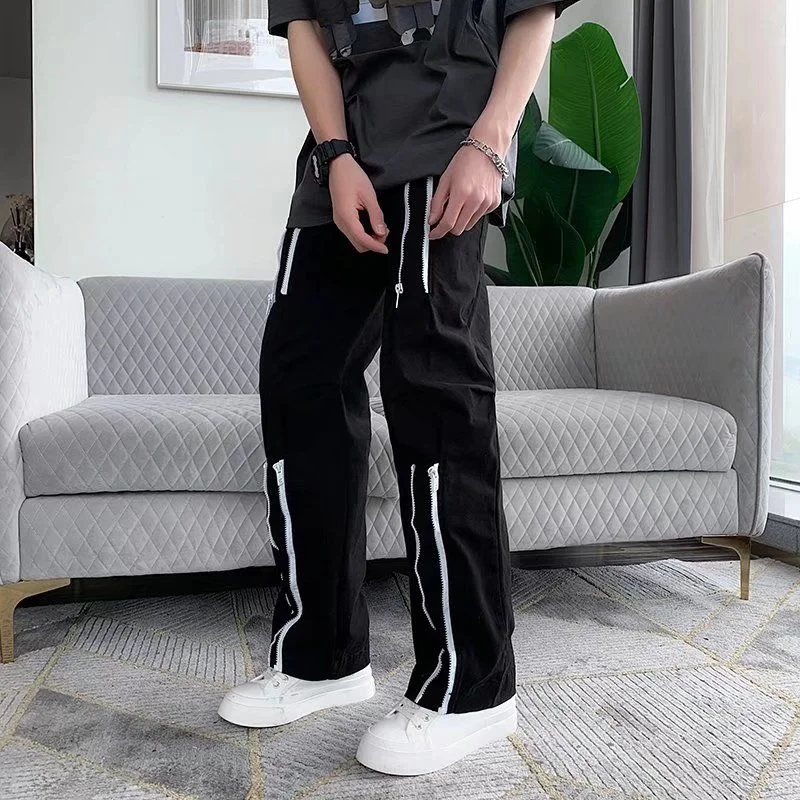 

Black/White Casual Pants Men Fashion Zipper Straight Pants Mens Japanese Streetwear Loose Hip Hop Wide Leg Pants Mens Trousers