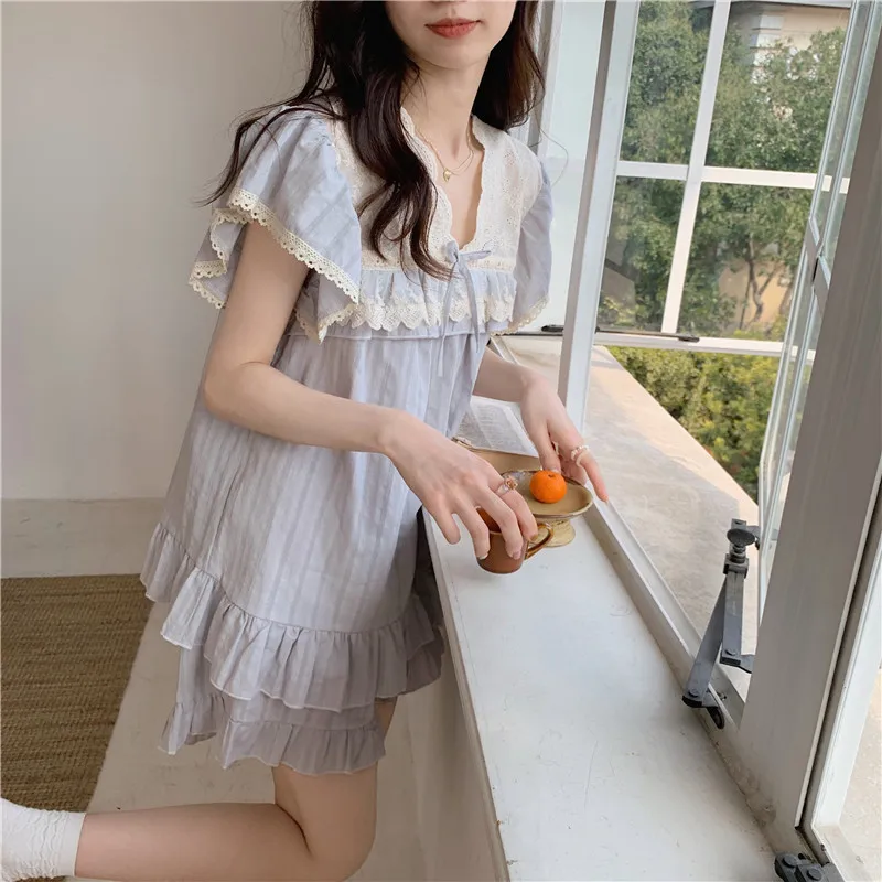 Summer Palace Style Pajamas Sets for Women 2pcs Kawaii Lace Trim Bow Loungewear Loose Short-sleeved Top Shorts Woman Pyjamas Pjs