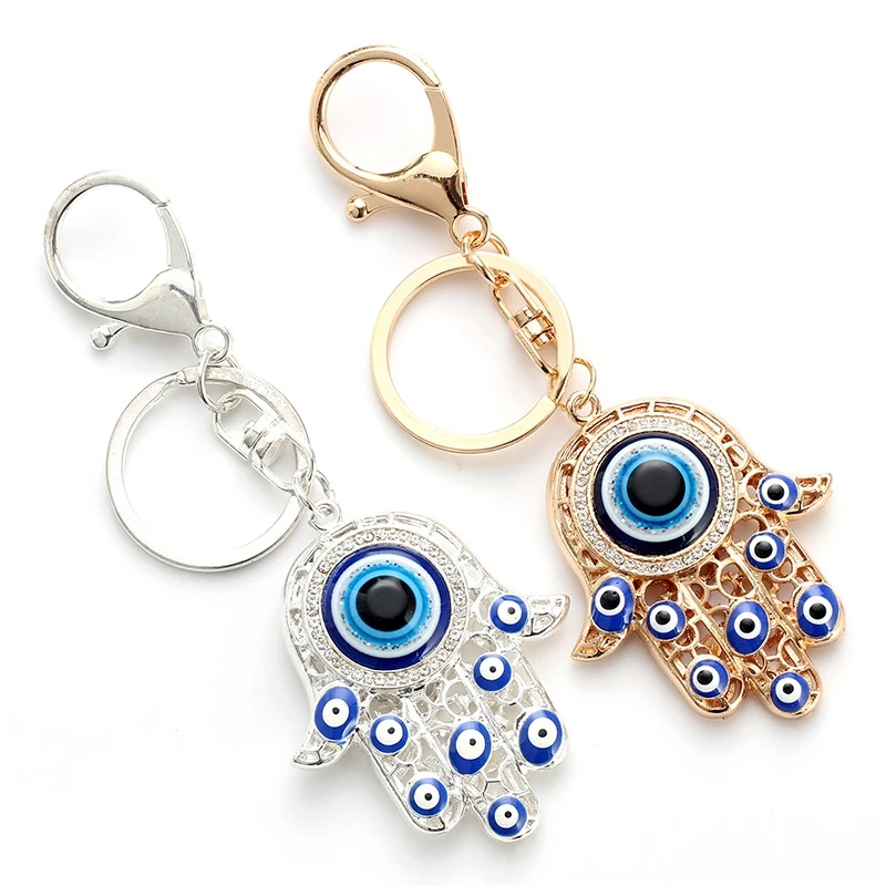 

Fashion Fatima Hamsa Hand Keychains Turkish Big Blue Evil Eyes Key Ring Ethnic Style Bag Accessories For Women Men