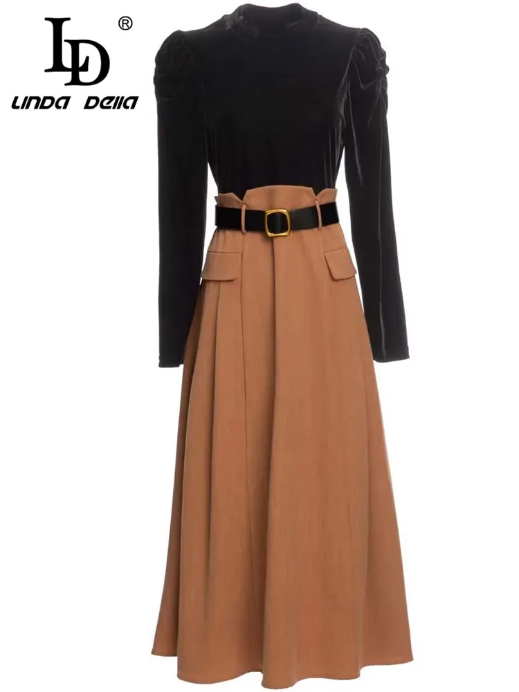 LD LINDA DELLA Fashion Runway Designer Autumn Winter Dress Women's Long sleeve Patchwork High waist Sashes Midi Dresses