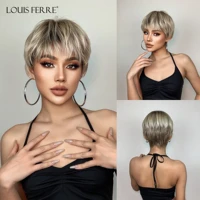 louis ferre short blonde synthetic wigs for white women layered side part straight wig natural pixie cut bob hair heat resistant