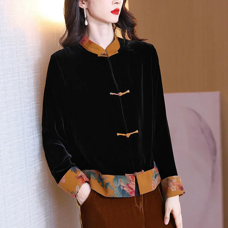 

Костюм Тан женский в китайском стиле, модная повседневная Свободная куртка черного цвета, этническая винтажная одежда, короткое пальто с длинным рукавом, весна-осень