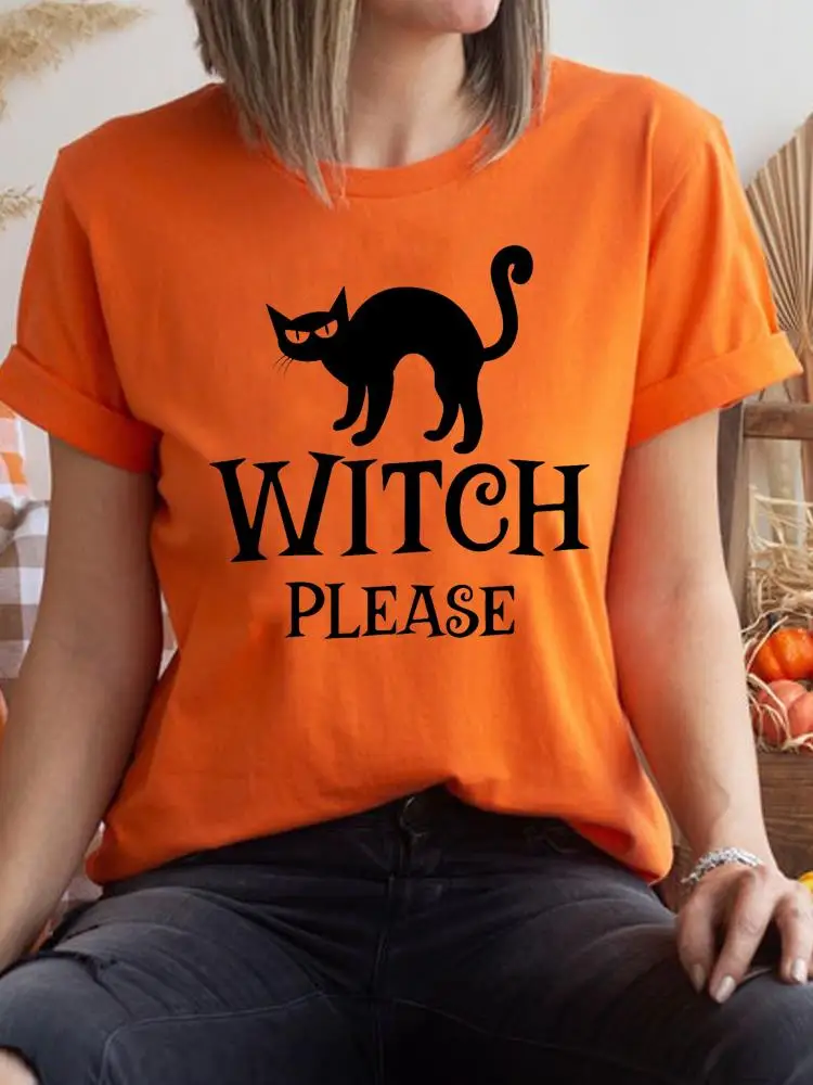 

T-shirt Happy Cat Witch Funny Letter Halloween Fall Autumn Women Graphic Clothing Fashion T Shirt Print Tee Female Top Clothes