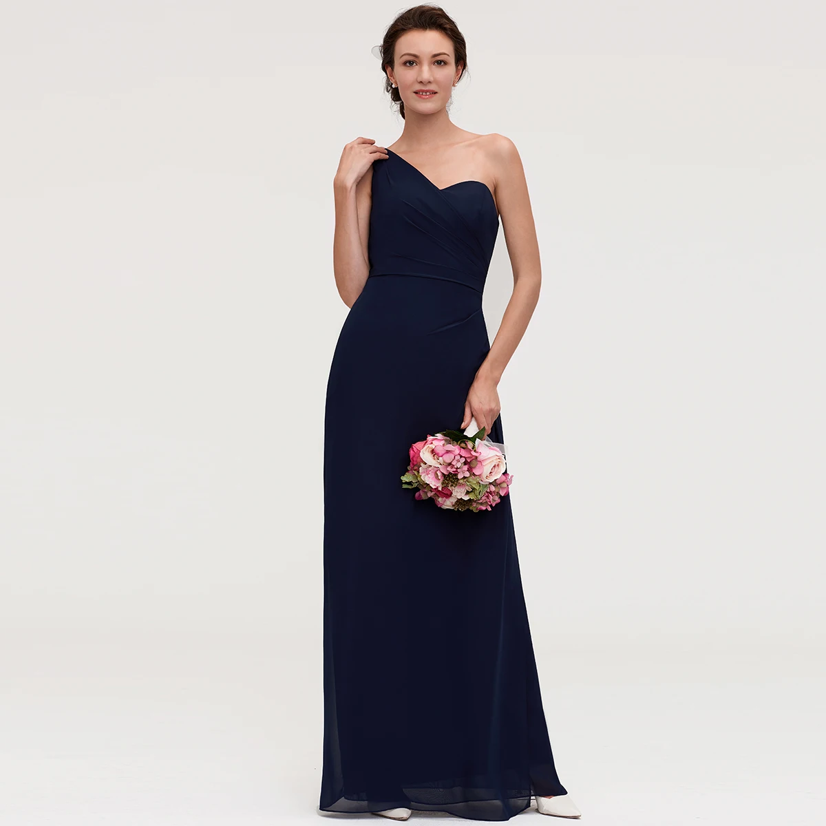 

FEELTIMES Dark Navy Bridesmaid Dresses Women's Elegant Sheath One-Shoulder Cheap Ceremony Long Chiffon Wedding Party Gowns