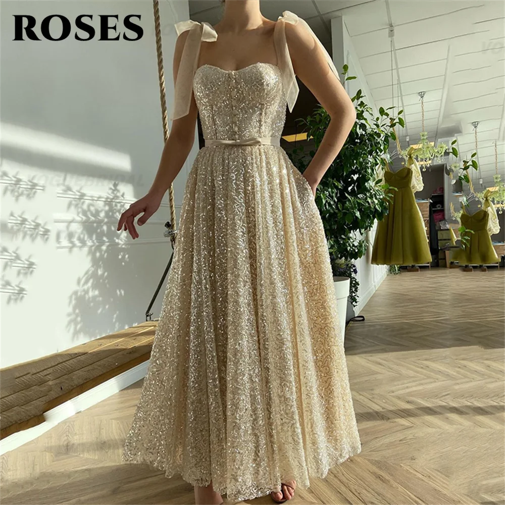 

Champagne Long Prom Dress Sweetheart Sheer Straps Sequined Glitter Celebrate Dress Elegant Lace Up Arab A Line Evening Dresses