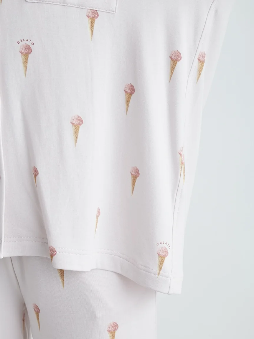Gelato Pique Pajamas  Room Wear Cone Print Lapel Shirt Long Sleeve Pants Set Homewear