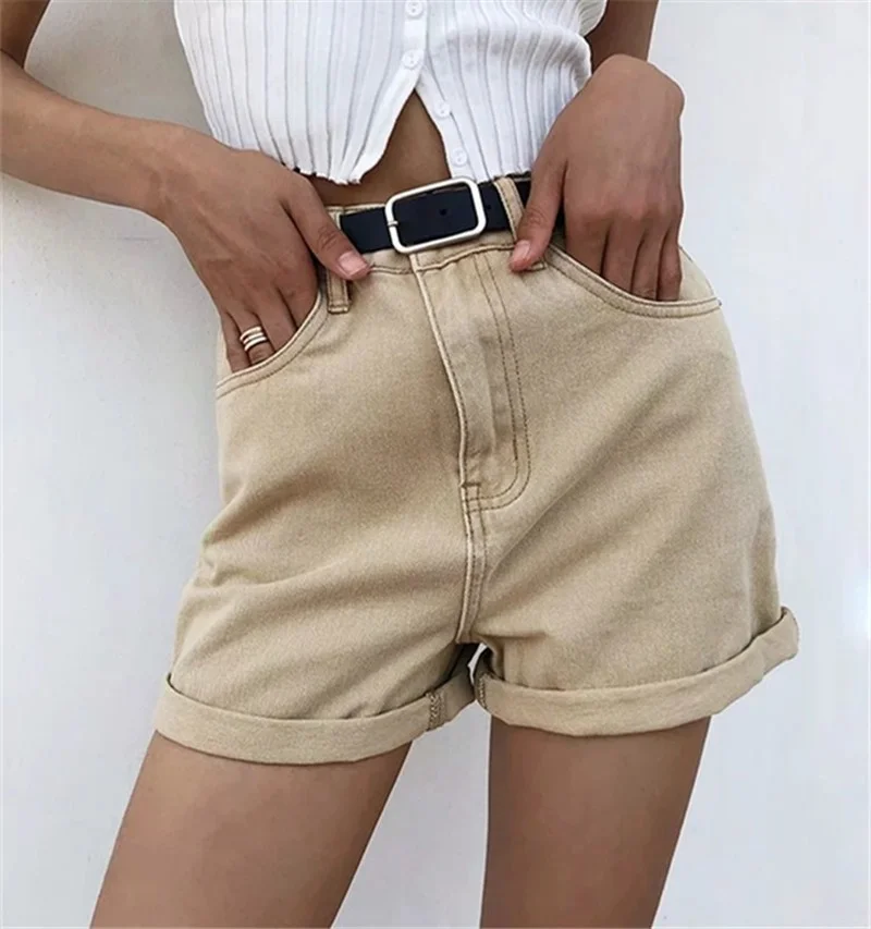 Women Vintage Sexy High Waist Khaki Denim Shorts Slim Fit Belt Shorts Summer All-Match Street Fashion New Zipper Pockets Bottoms