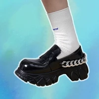 platform loafers womens patent leather muffin shoes jk height increasing punk chain design dragon tooth big head shoes