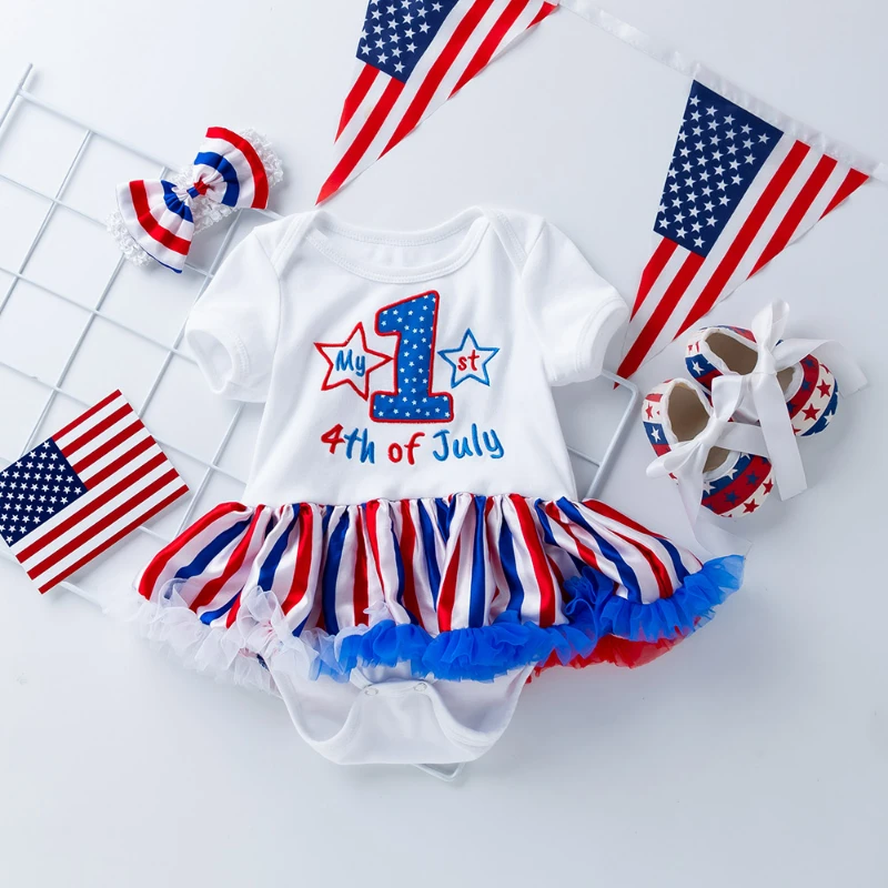 

3PCS Newborn Baby Girls Dress Cute "My First 4th of July" Short Sleeve Stripe Star Soft Puffy Skirt Clothes for Independence Day