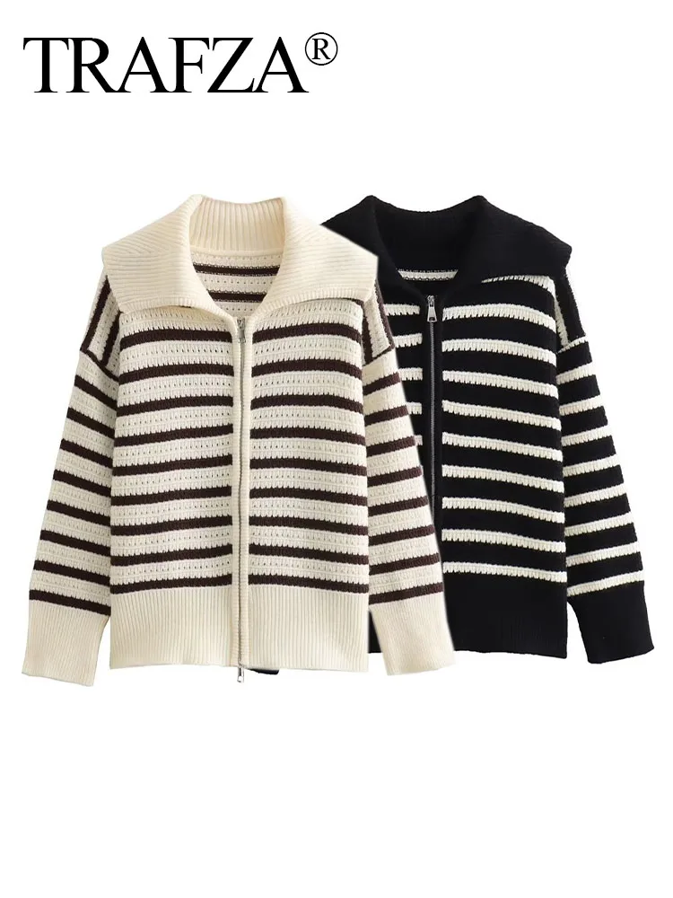

TRAF ZA 2023 Female Autumn Casual Loose Sweater Tops Stripe Turn-Down Collar Long Sleeve Zipper Woman's New Fashion Cardigan