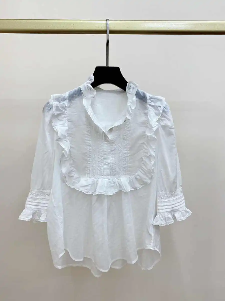 

2022 Summer New Blouse Ruffle Stand Collar Short Sleeve Women Top