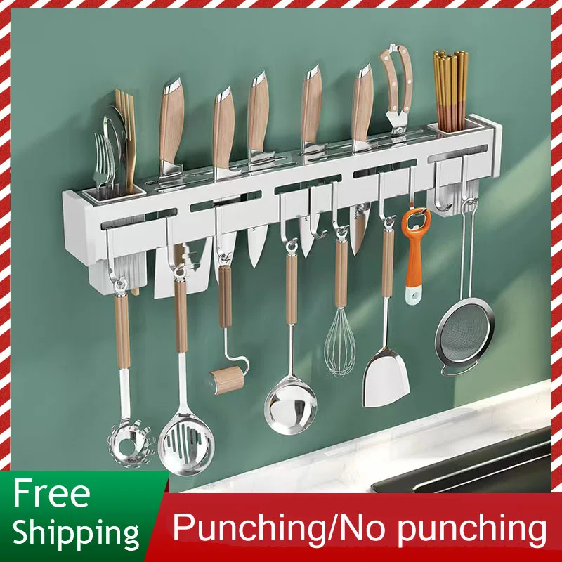 

Kitchen Shelf Wall-mounted Spice Storage Racks Punch-free Kitchen Knife Holder Wall Season Bottle Chopstick Tube Shelf Organizer