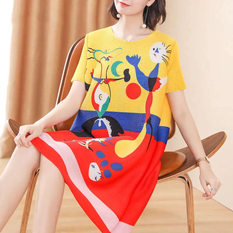 

Loose printed temperament thin dress 2022 summer new fashion color matching pleated large size age school a word dress skirt