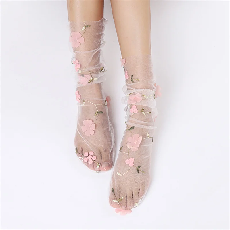 

Simple Floral Lace Socks Women Tulle Socks Spring Summer Transparent Thin Mesh Socks Chiffon Lace Up Socks Fashion