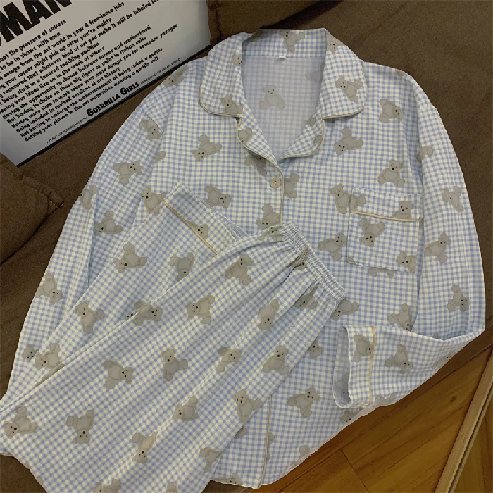 CAIYIER Winter Women Nightwear Sets Long Sleeve Korean Ulzzang Sleepwear Grid Print Soft Sleepwear Ladies Leisure Sweet Homewear