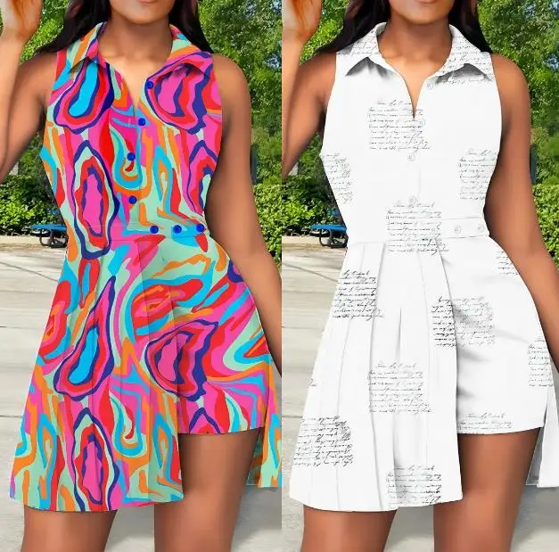 Asymmetric Shirt Slim Printing Dresses for Woman 2023 Summer Fashion New Sleeveless Shirt Collar Digital Fitting Short Dress