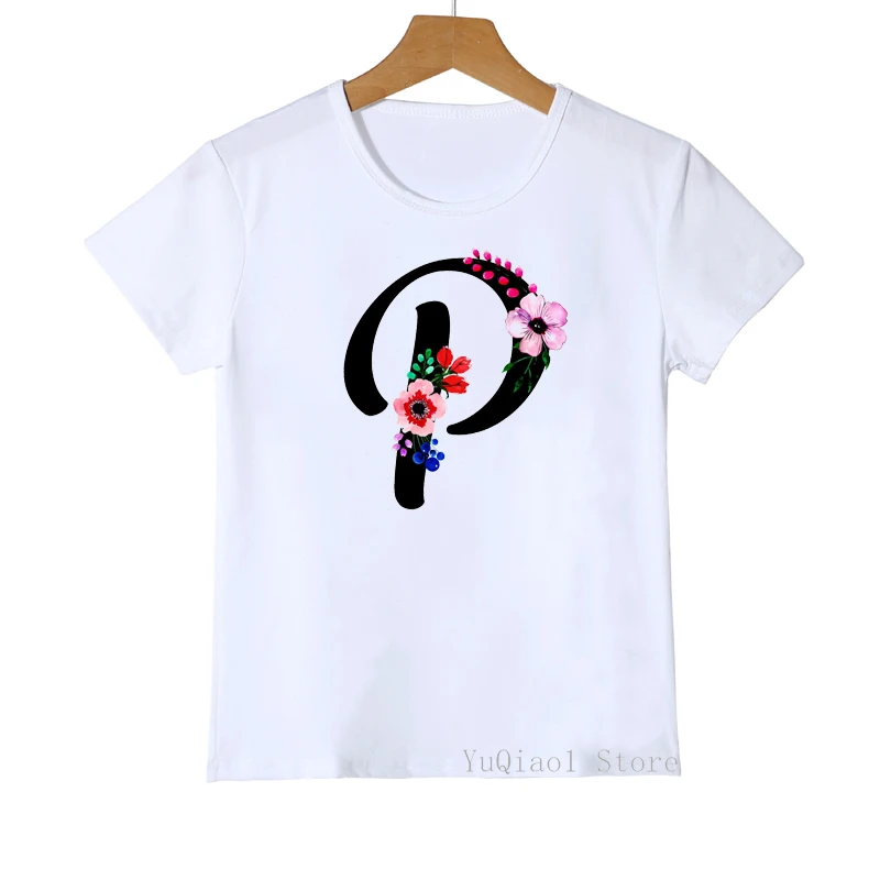 

2022 Children's Clothes Summer Cute Floral Alphabet Letter J-Q Print Baby Toddler Teen Girl T-Shirt White Camisetas DIY Kids