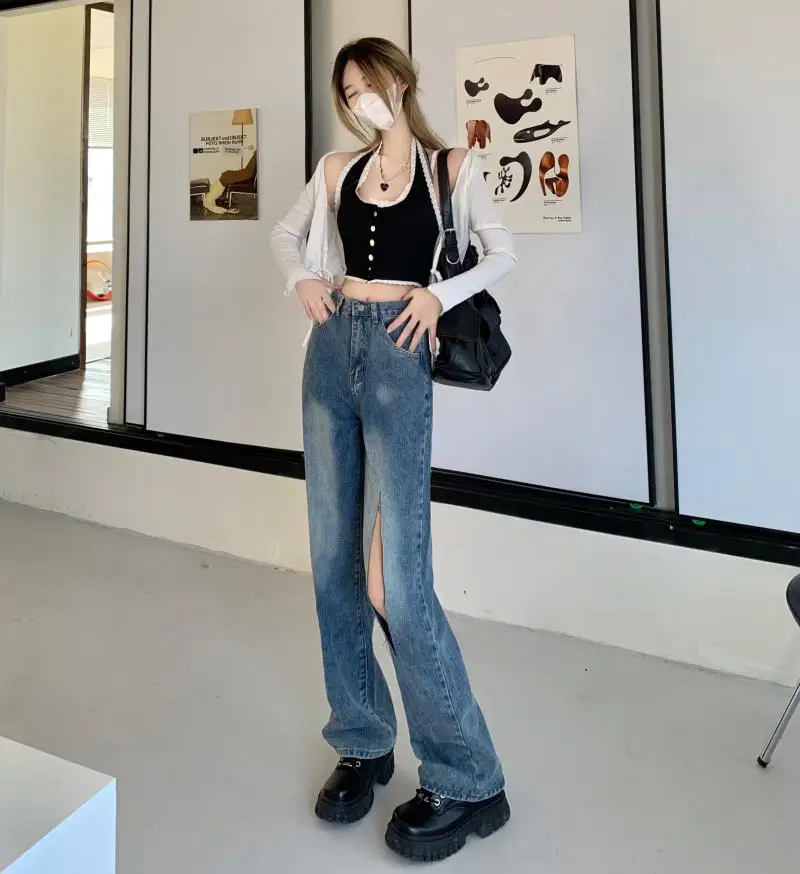 

DD1823 New high-waisted thin ripped hole vertical straight jeans women's design loose all-match jeans