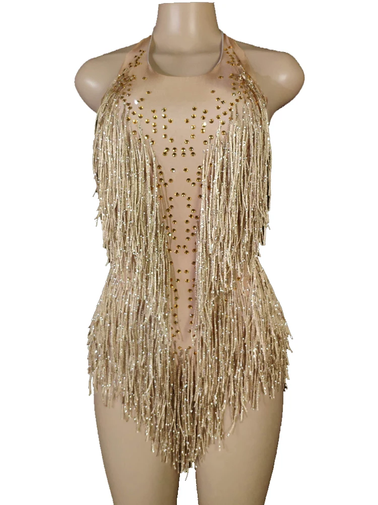 

2023 Блестящий Стразы боди с бахромой, женский наряд для ночного клуба, костюм для танцев, цельный танцевальный костюм, трико для сцены