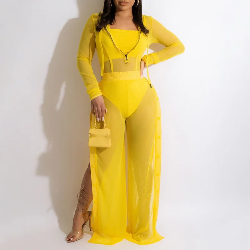 

KEXU Sexy Beach Women 3pcs Set Mesh Bodysuit Strapless Tops and Side Slit Straight Pants Set Tracksuit Two Piece Outfits