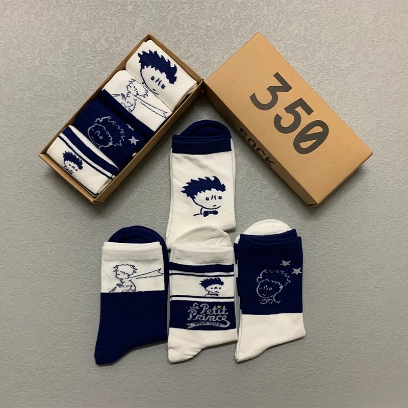 4 Pairs/Box Cartoon Little Prince Stockings Cotton Harajuku Blue Soft Portrait Trend Pack Personality Tube Men Women Socks Gifts