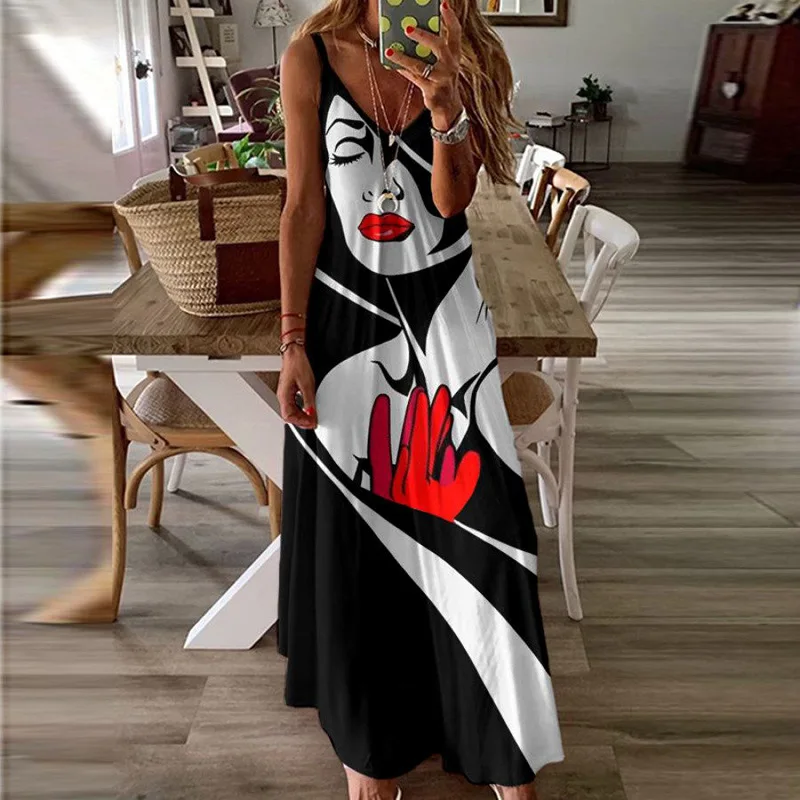 

Women's 2022 summer new fashion casual printing suspender sexy holiday long dress