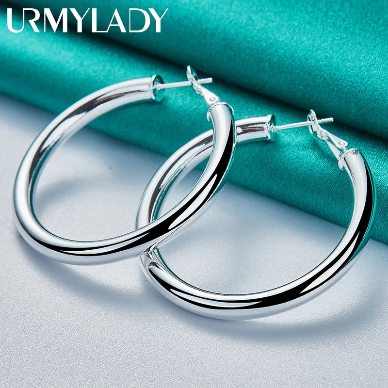 

URMYLADY 925 Sterling Silver 50mm Smooth Circle Earrings Ear Loops for Women Fashion Charm Wedding Engagement Party Jewelry