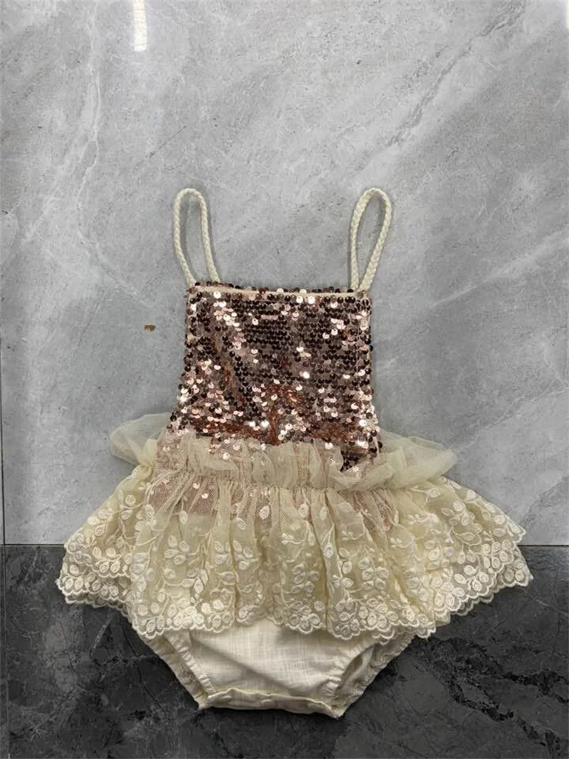 

0-24M Newborn Baby Girls Princess Bodysuits Sequined Lace Patchwork Sleeveless Belt Backless Jumpsuits