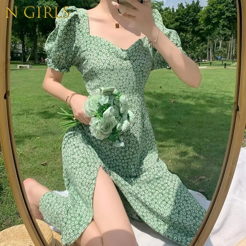 

N GIRLS N GIRLS Women Dress Green Floral Side-slit French Elegant Designer Short Puff Sleeve Fresh Lovely Girls Summer Hot