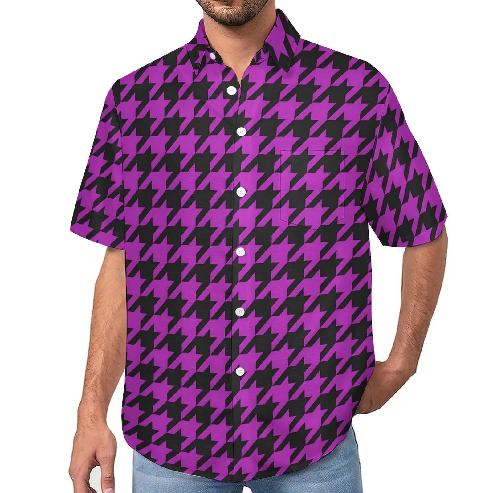 

Houndstooth Check Blouses Male Purple And Black Casual Shirts Hawaii Short-Sleeve Aesthetic Oversized Beach Shirt Gift Idea