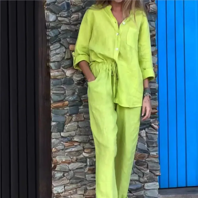 Повседневная однобортная рубашка с воротником-стойкой длинные брюки комплект из