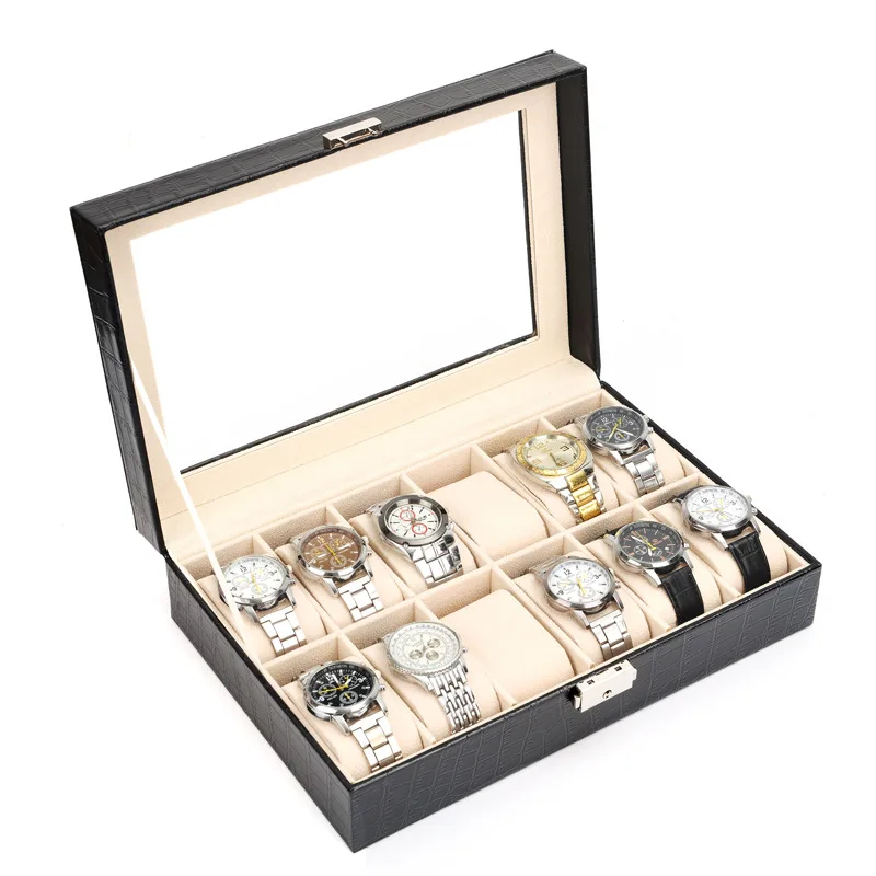 61012 Slots Wrist Watch Box Watch Holder Storage Case Organizer Black PU Leather Watch Display Box regalos para hombre 30x20x8cm