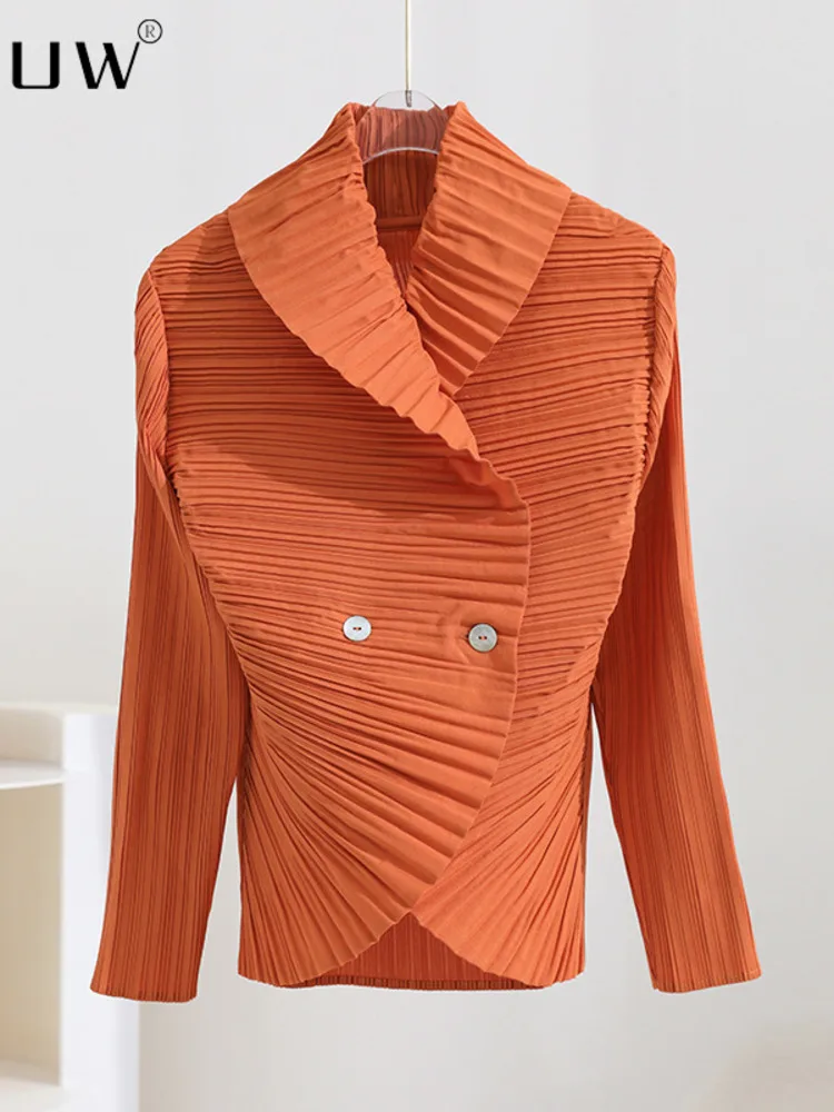 Женская плиссированная куртка GVUW, Весенняя однотонная свободная повседневная куртка с отложным воротником и длинными рукавами, на пуговиц...