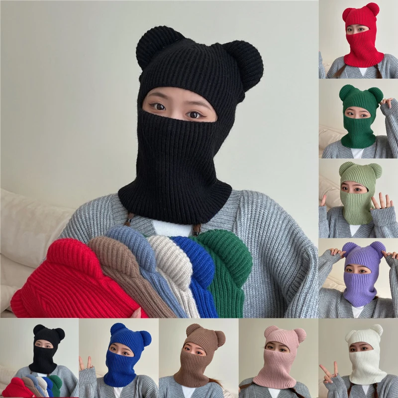 

New Balaclava Hat Autumn and Winter Knitted Pullover Cap Bear Ears Outdoor Warm Riding Windproof Integrated Scarf Beanie Hats
