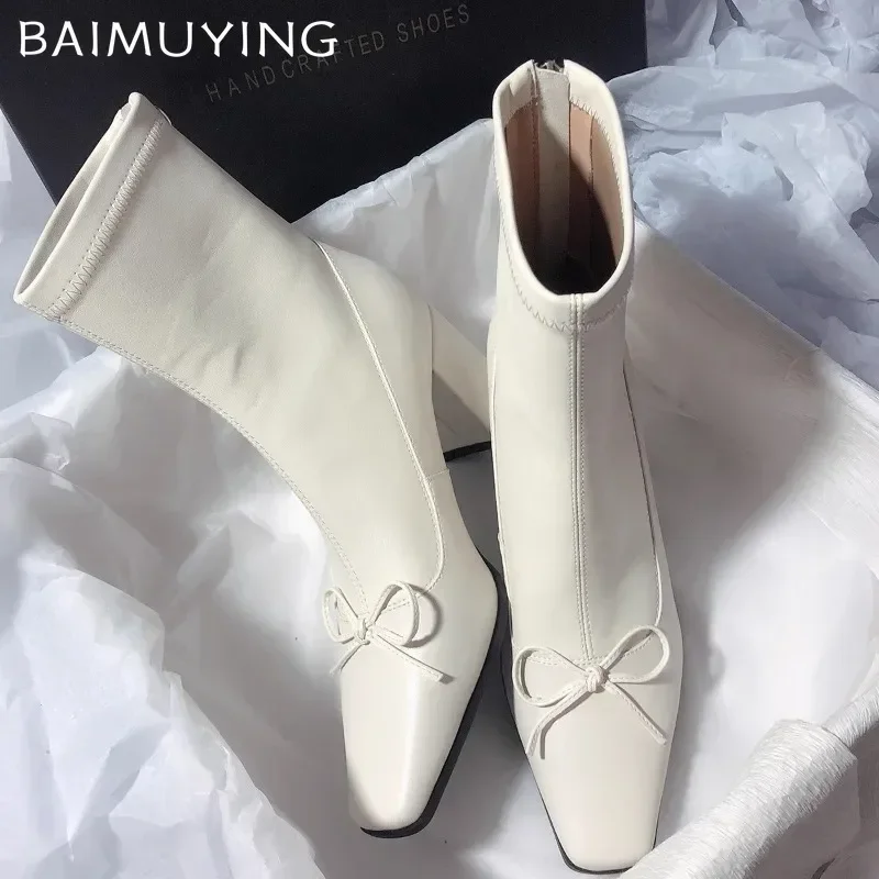 Женские ботильоны на высоком каблуке с бантом элегантная кожаная обувь
