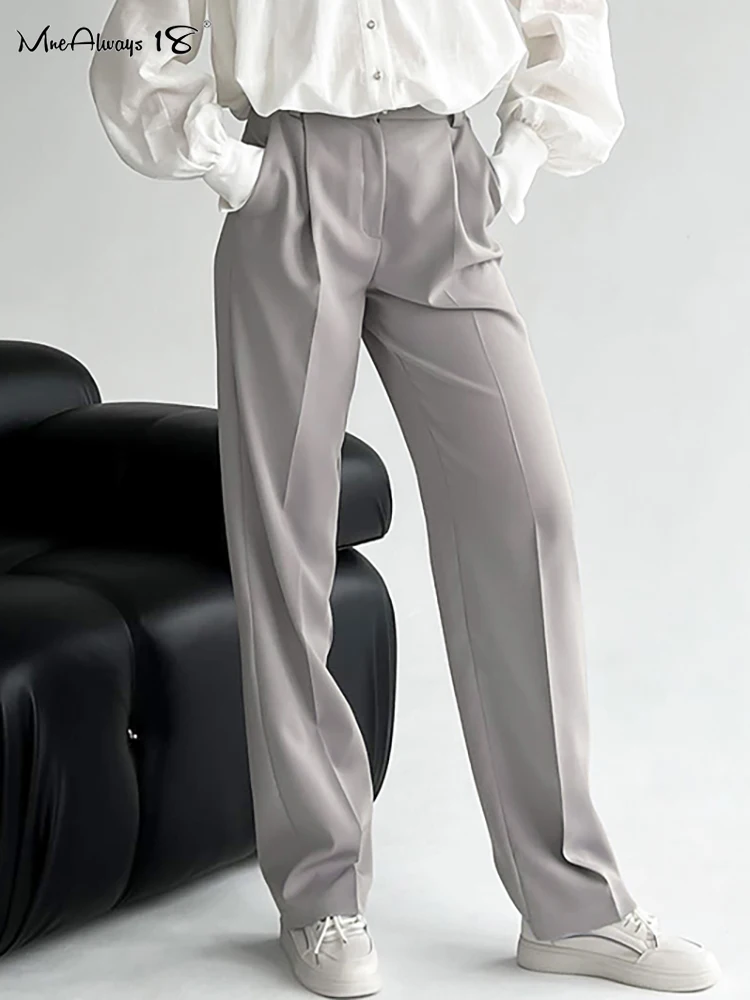 

Mnealways18 Gray Pleated Classic Pants Women Spring Baggy Trousers Casual Zipper Long Pants With Pocket Office Pants Ladies 2022